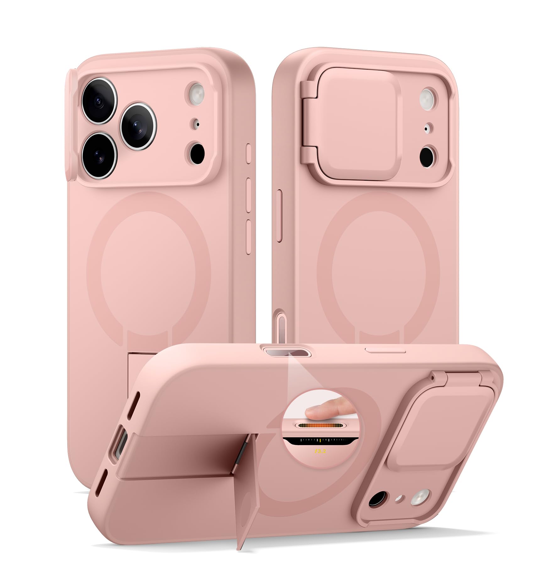 Photo 1 of SURITCH for iPhone 17 Pro Case with Camera Control Cover, Camera Cover and Adjustable Kickstand, Compatible with MagSafe, Shockproof Bumper Protective Cases 6.3 Inch, Pink