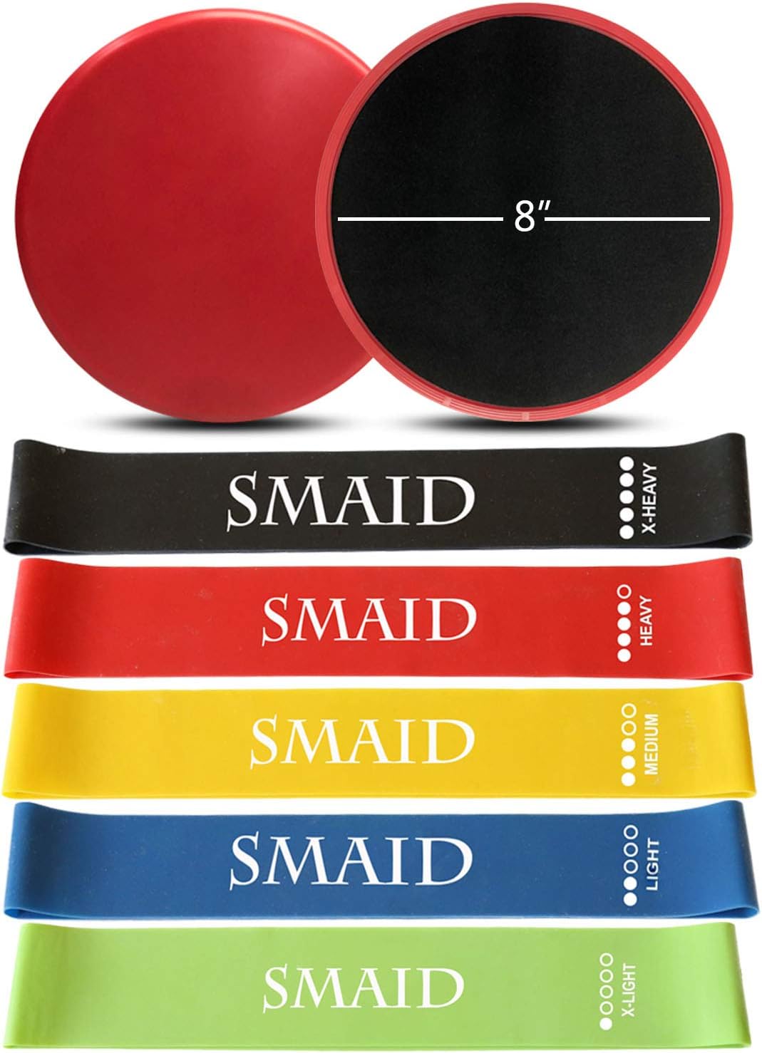 Smaid Exercise core Sliders for Working Out-2 Pieces Dual Sided Gliding Discs, Perfect for Abdominal&Core Workouts, Light and Portable, Use on Carpet & Hardwood Floors,+5 Resistance Loop Bands