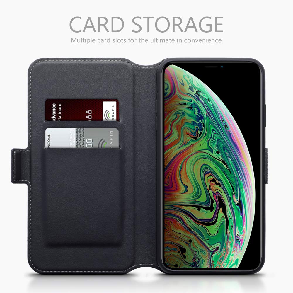 TERRAPIN iPhone XS Max Case iPhone XS Max GENUINE LEATHER Low Profile Wallet Case - Slim Fit - Viewing Stand - Card Slots - Black