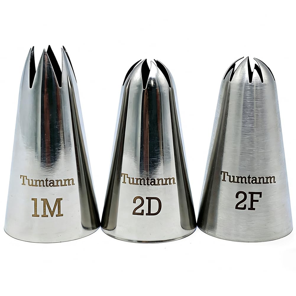 Tumtanm 1M 2D 2F Seamless Stainless Steel Large Icing Piping Nozzles, DIY Icing Nozzle Tool for Cupcakes