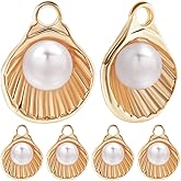 Beebeecraft 12Pcs 18K Gold Plated Seashell Charm Sea Theme Scallop Charms with Glass Pearl for DIY Necklaces Bracelets Anklets Jewelry Making