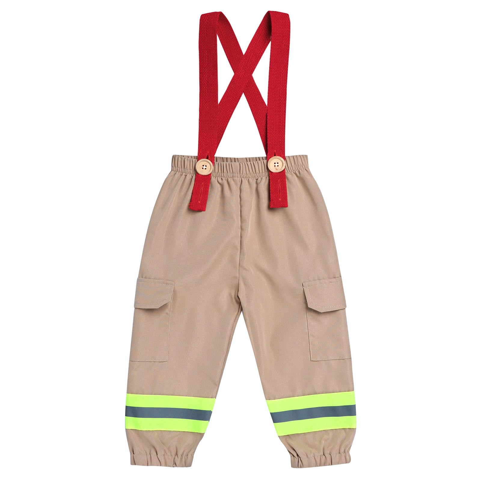 Photo 1 of Toddler Firefighter Costume Boy: Baby Fireman Costume for Kids Halloween Costumes Cosplay Firefighter Outfit Pants Suspenders First 1st Birthday Cake Smash Fire Truck Photoshoot Khaki 9-12 Months