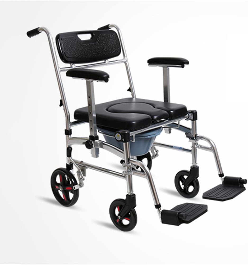 ZHDC® Seniors commode Belt wheel Can push the stool hemiplegia Rehabilitation Commode chair Collapsible Aluminum alloy Does not rust walking aid