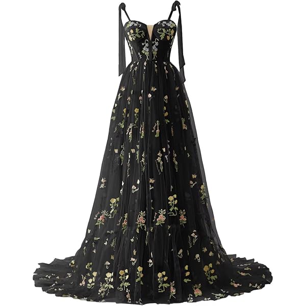 Basgute Flower Embroidery Tulle Corset Prom Dresses Spaghetti