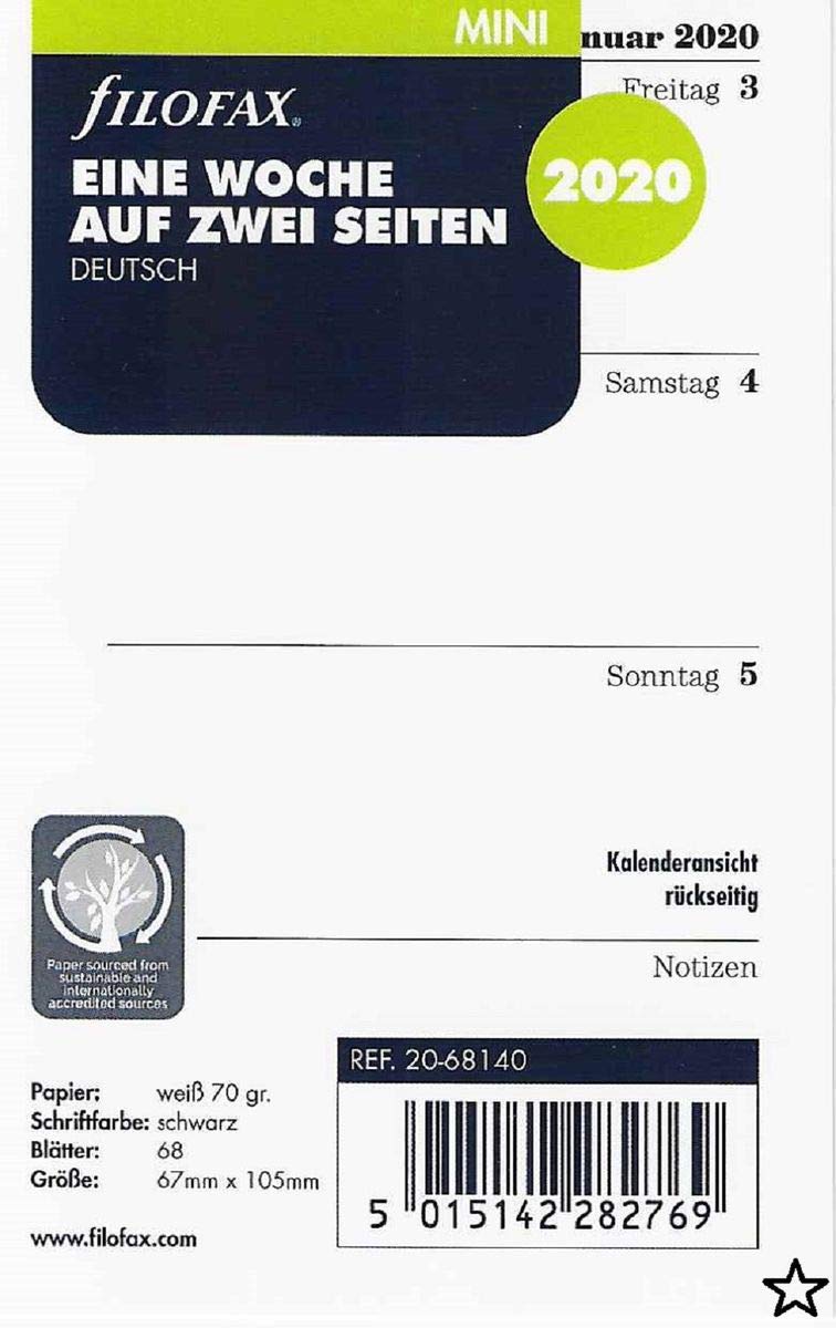 Filofax 2020 Mini Calendar Insert Week on 2 Pages