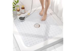 HITSLAM Shower Bathtub Mat Non Slip, 24"x 24" Bath Mat for Tub, Soft PVC Shower Mats for Inside Shower with Suction Cups and Center Drain Hole, Machine Washable Bathroom Floor Mat, Clear