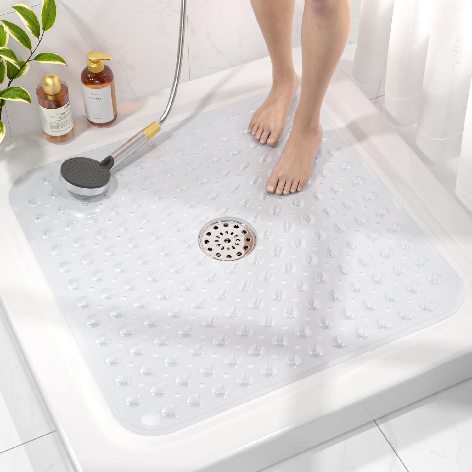 Photo 1 of HITSLAM Shower Bathtub Mat Non Slip, 24"x 24" Bath Mat for Tub, Soft PVC Shower Mats for Inside Shower with Suction Cups and Center Drain Hole, Machine Washable Bathroom Floor Mat, Clear
