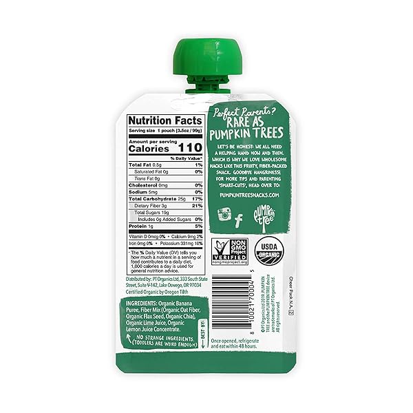 PUMPKIN TREE ORGANICS FRUIT SNACK POUCH, BANANA + FIBER + A SQUEEZE OF LIME, 3.5 OZ. (PACK OF 10)