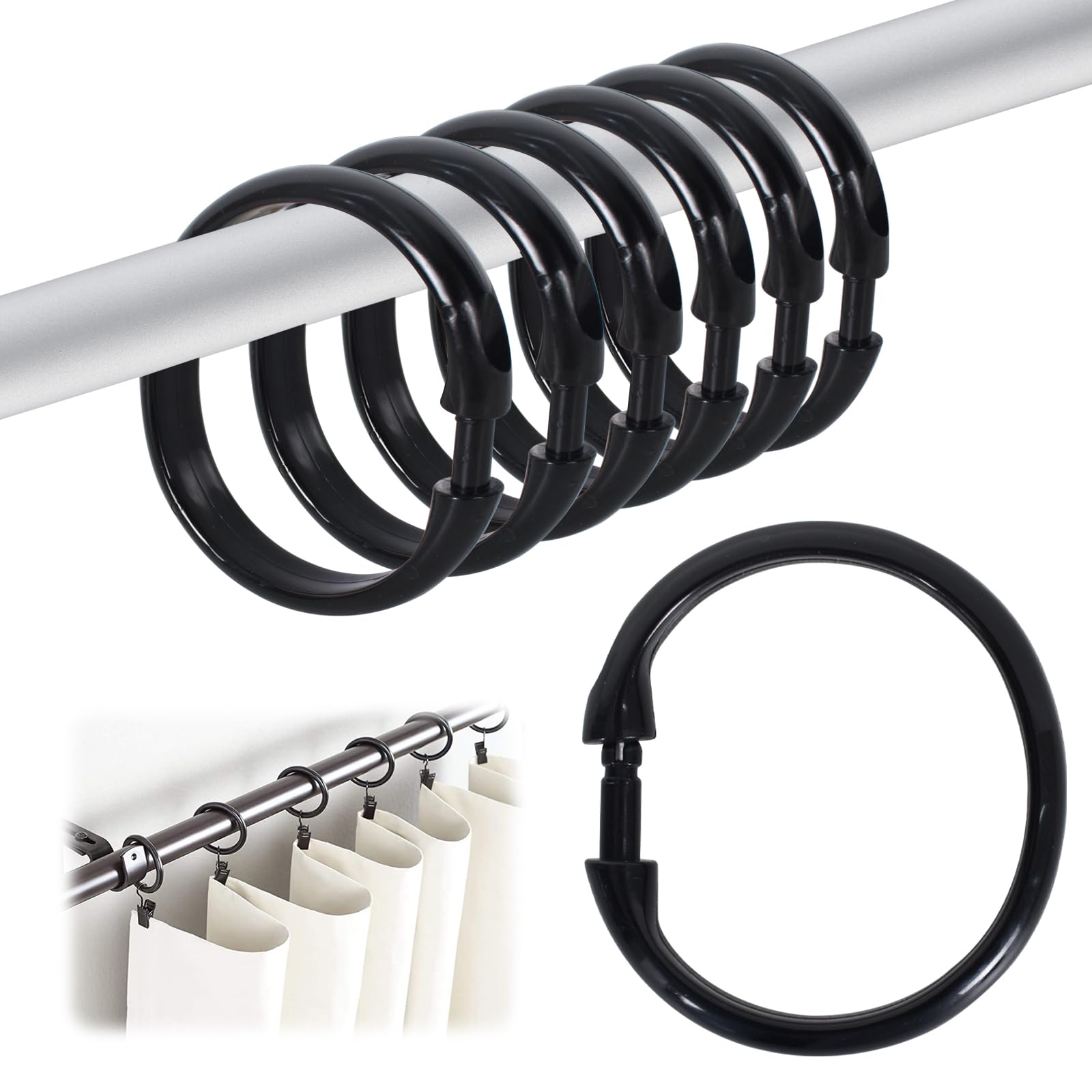 Zimoer 12 Pieces Shower Curtain Rings Clips, Easy Snap Closure Shower Curtain Hooks, Plastic Curtain O Rings, Bath Drape Loop for Bathroom Shower Rods Curtains (Black)