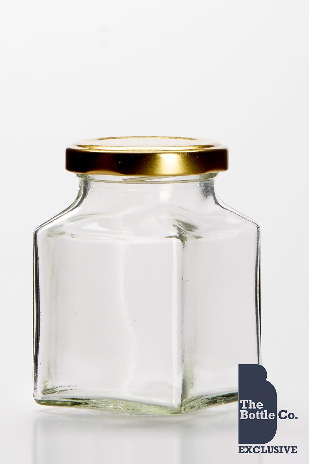 BOTTLE COMPANY 35 X 8OZ/200ML APPROX SQUARE JAM JARS,CHUTNEY,PRESERVE,PICKLE,SWEET,HONEY,WEDDING FAVOURS JAR C/W GOLD LIDS
