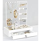 Goozii White Jewelry Organizer Stand Stud Earring Holder, Necklace Display Stand with Drawer, Jewelry Tower Tree for Bracelets Rings, Birthday Valentines Day Gifts for Her Teen Girls Women Wife