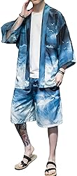 Ambcol Men's Japanese Style Kimono Tops Shorts Sets