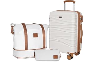 Romswi Expandable 22x14x9 Airline Approved 21" Carry On Luggage Set,Hardside 3PCS Carry On Suitcase Set ABS+PC Suitcase with Duffel Bags, Dual Spinner Wheels TSA Lock White