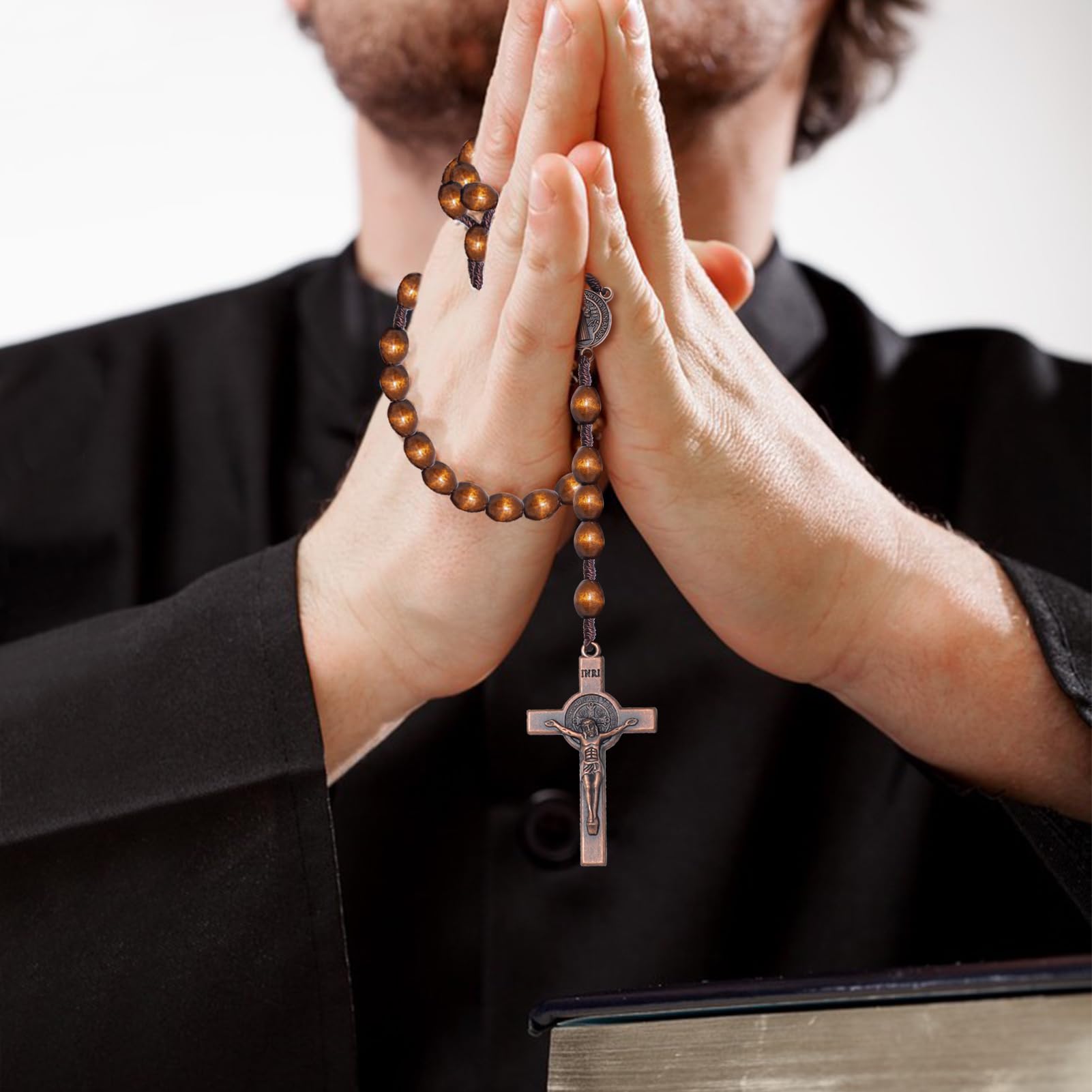 KOMI Handmade Wooden Catholic Rosaries, Rosary Beads Necklace From Bethlehem Wood Christian Prayer Holy Soil Medal & Metal Cross For Catholic Or Christian Gift