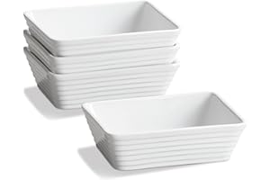ONEMORE Ceramic Baking Dishes for Toaster Oven, Set of 4 - Small Rectangle Individual Casserole Dishes Perfect for Serving Lasagnas, and Storing - 5x7-inch Single Serving, Deep, Ribbed, Stylish, and Stackable - White
