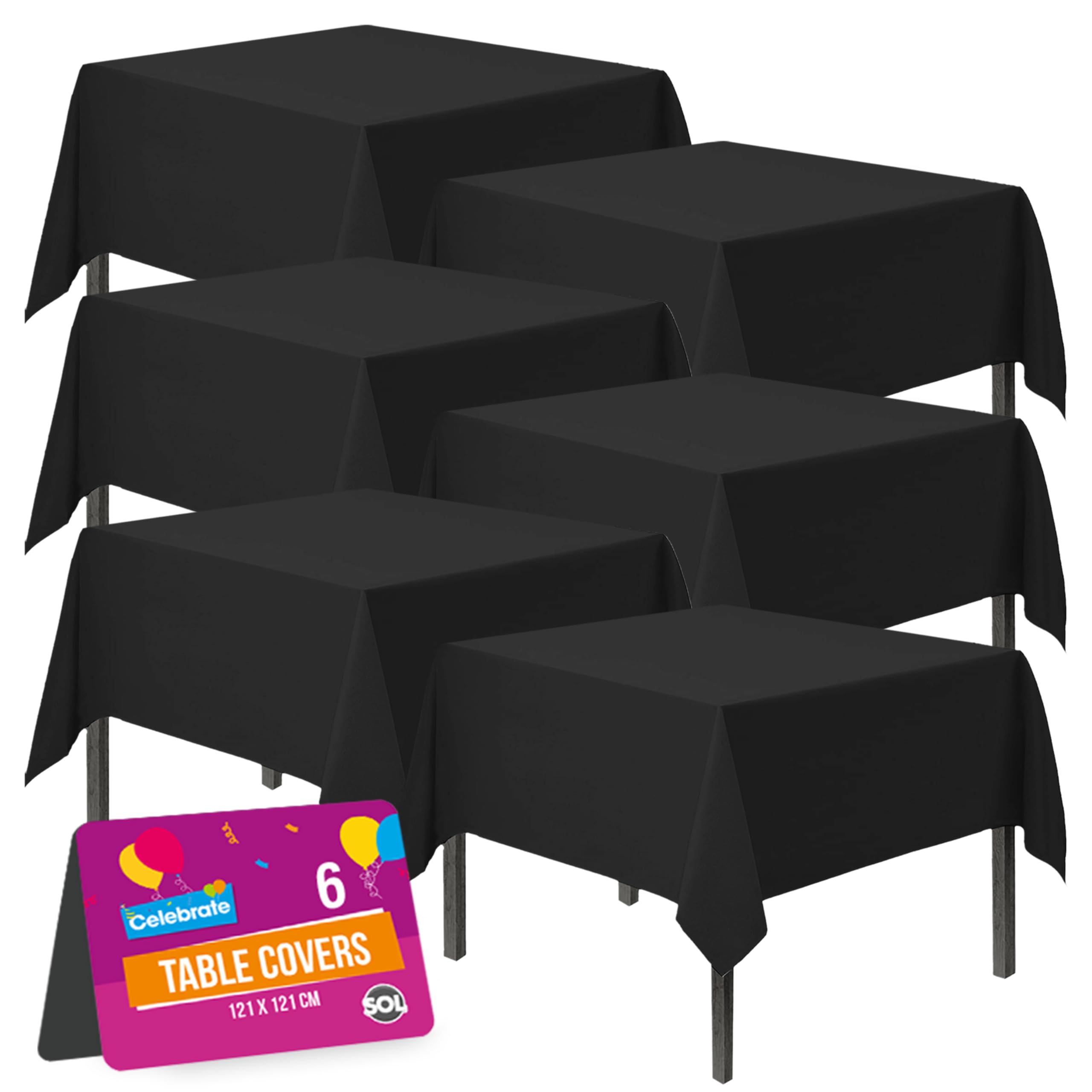 Sol 6pk Black Table Cloth Party | 121 x 121cm Plastic Cover Cloth, Tablecloth Disposable Clothes for Parties (321689SOL)
