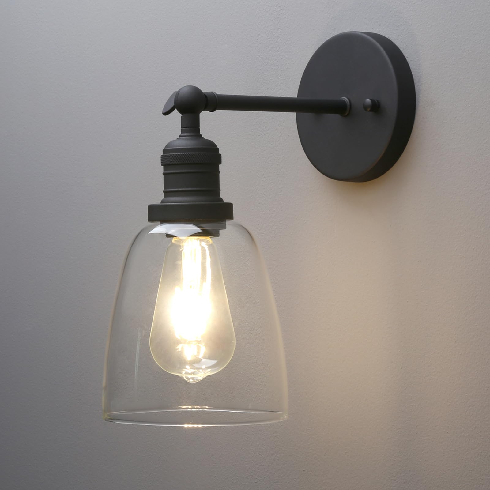 Phansthy Industrial Retro Style Wall Lights Bell Shaped Clear Glass Shade Vintage Wall Sconces E27 Bulbs Indoor Light Loft Bar Kitchen Lamp Bedroom Vanity Mirror Lighting (Black)