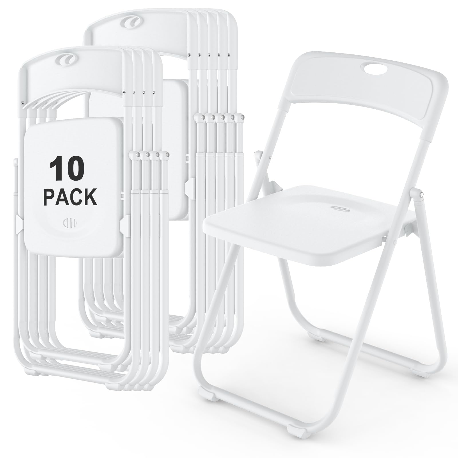 Photo 1 of 10 Pack White Plastic Folding Chairs, Indoor Outdoor Heavy-Duty Stackable Seats with Steel Frame, 350 lbs Capacity Portable Commercial Foldable Chairs for Party Events Wedding Dining Picnic Office