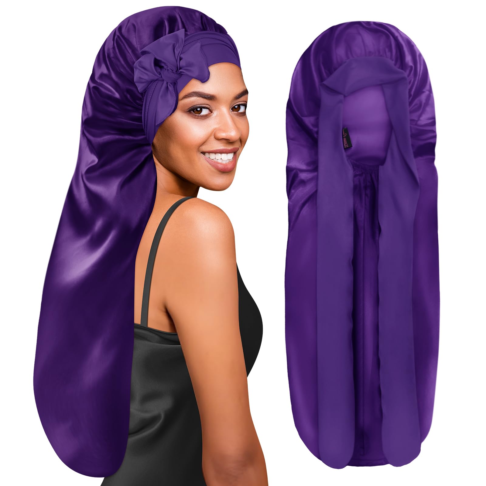 BONNET QUEEN Silk Bonnet for Sleeping Long Hair & Braids Extensions Hair, Satin Long Bonnet for Women, Adjustable Silk Scarf Night Cap with Tie Band, Dark Purple