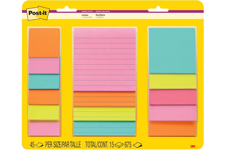 Post-it Super Sticky Notes, Multi-Size, Supernova Neons, 15 Lined Pads | School Supplies and Oﬃce Supplies, 2X the Sticking Power