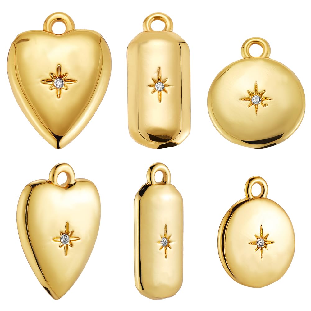 Beebeecraft 12Pcs 3 Styles Real 18K Gold Plated Small Heart Charms Round Octagon Geometry 3D Dangle Charm Star Micro Pave Cubic Zirconia Pendants Findings for Jewelry Making Supplies DIY Crafts