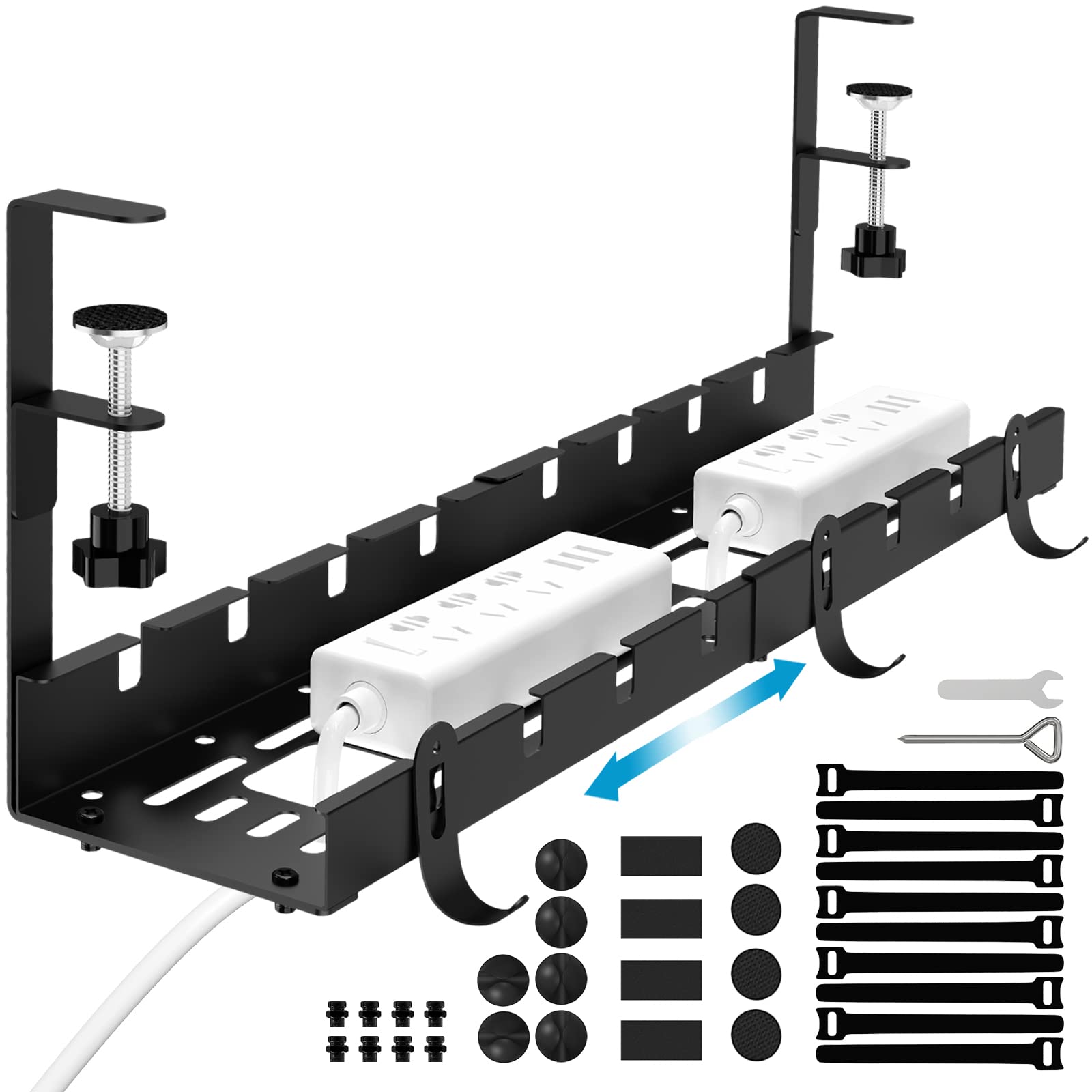 Flow fire Under Desk Cable Management Tray, Retractable Wire Organizer, Adjustable 28.5-55cm, Black