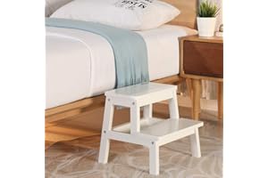 HOUCHICS Wooden Step Stool for Adults Kids, Solid Wood Bed Step Stool, Multi-Purpose 2-Step Stool for Kitchen, Bed, Bathroom（White）