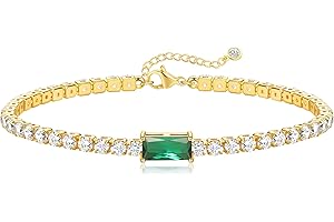 FUNEIA Birthstone Gold Tennis Bracelets for Women Trendy Non Tarnish Dainty 14K Gold Plated Diamond Bracelet Stack Cute Stackable Blue Green Red Friendship Bracelets Jewelry Gifts for Best Friend