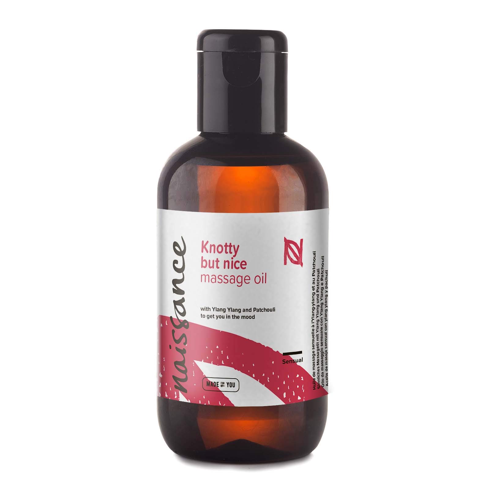 Naissance 'Knotty But Nice' Massage Oil 100ml, 100% Blend of Grapeseed with Ylang Ylang, Patchouli, Clary Sage, Orange, Grapefruit, Frankincense, Black Pepper Essential Oils