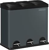 SONGMICS 54L Recycling Bin 3 Compartments Pedal Bin Grey Black LTB54G