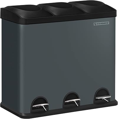 SONGMICS 54L Recycling Bin 3 Compartments Pedal Bin Grey Black LTB54G