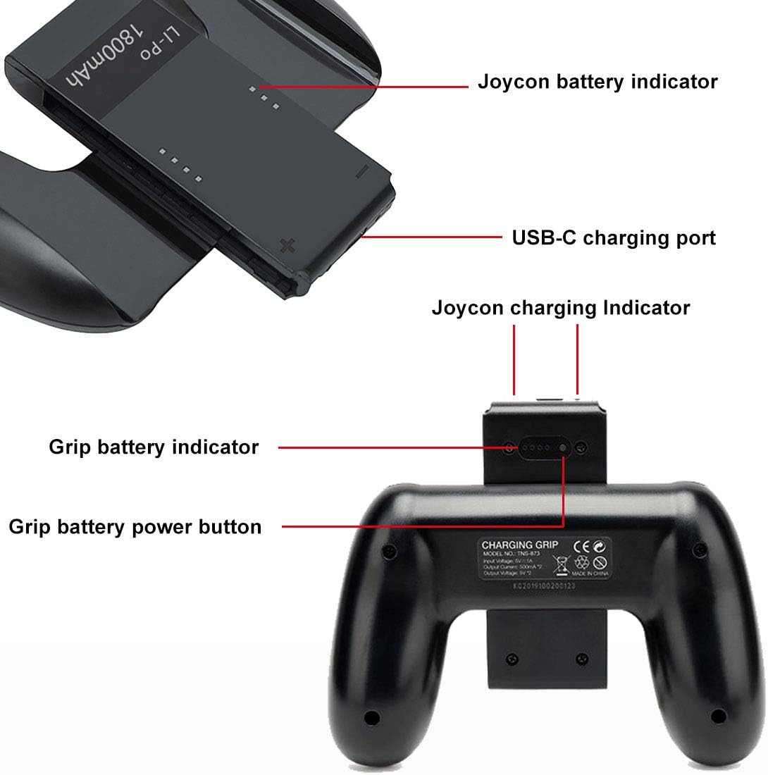 Kinvoca Joy Con Charging Grip with 1800mAh Battery, 2-in-1 Comfort Grip for Nintendo Switch Joy-Con Controller, Joycon Charger with 32in USB-C Cable, Power & Charge Indicators, Overcharge Protection: Computers & Accessories