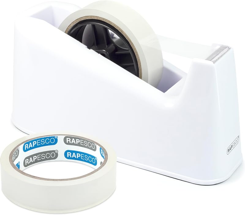 Rapesco 1486 500 Heavy Duty Tape Dispenser White with 2 Tape Rolls
