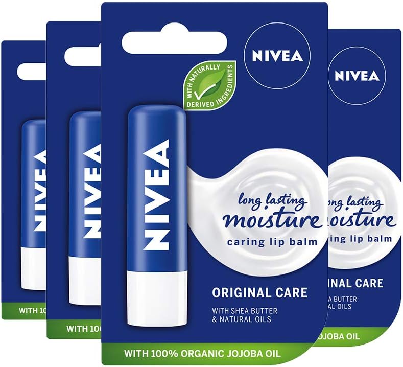 NIVEA Lip Balm Original Care Pack of 4 (4 x 4.8g) Protective Lip Moisturiser with Shea Butter and Natural Oils
