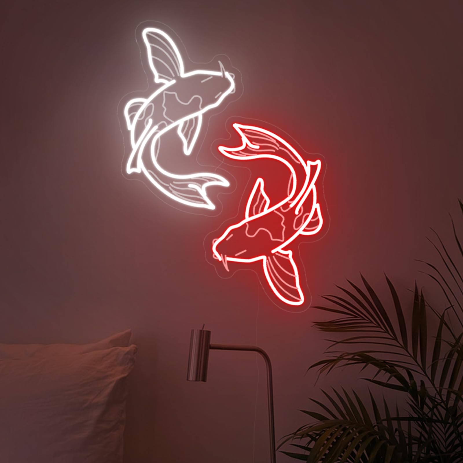 Koi Fish Neon Sign: 14'' Red & White Japanese Koi LED Night Light for Wall Decor, Bedroom, Bar, Gaming Room Gift