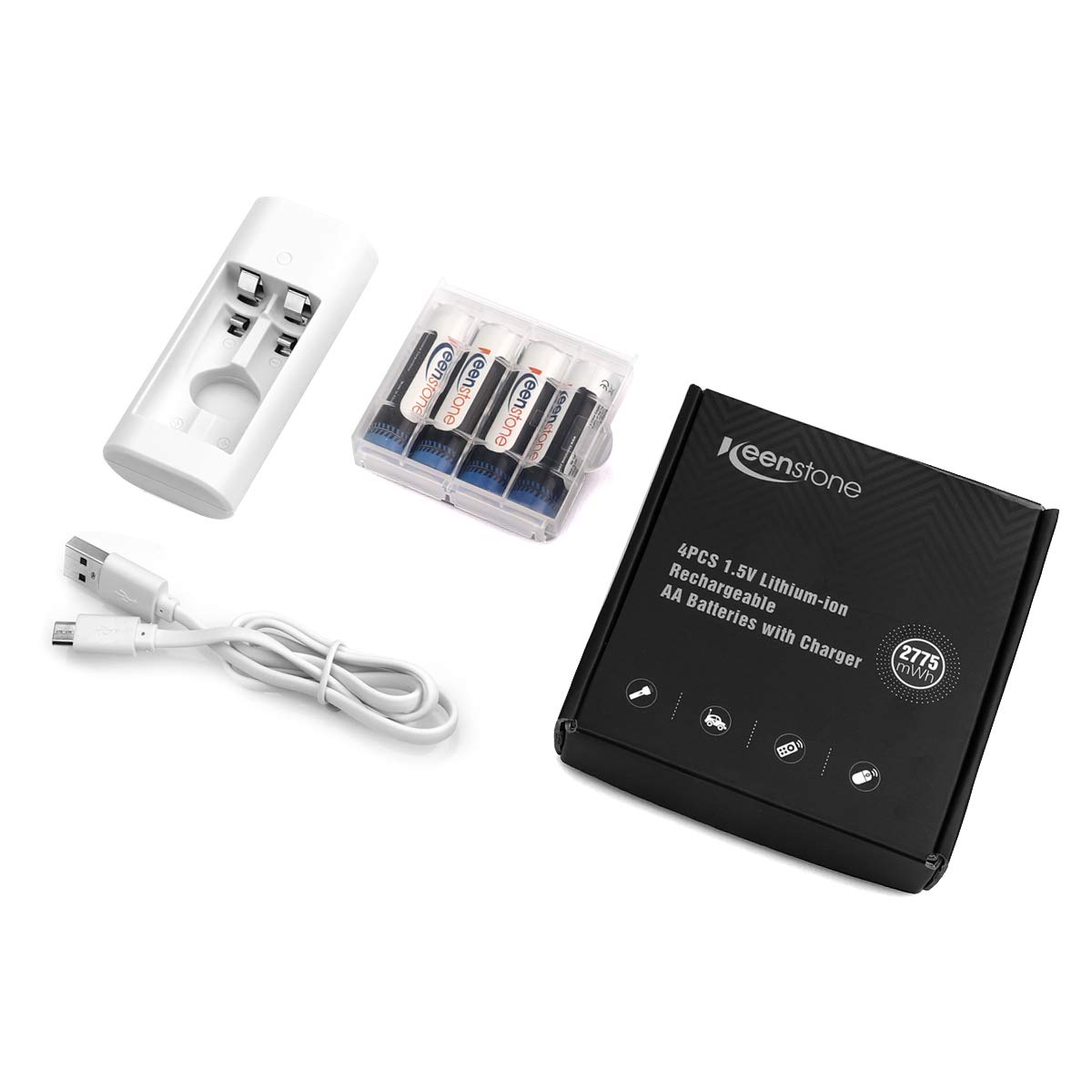 Keenstone 4pcs 2775mWh AA Rechargeable Lithium Batteries with 2 Slot Charger, Constant Output at 1.5V Compatible with Blink XT Camera, Toys, Flashlight