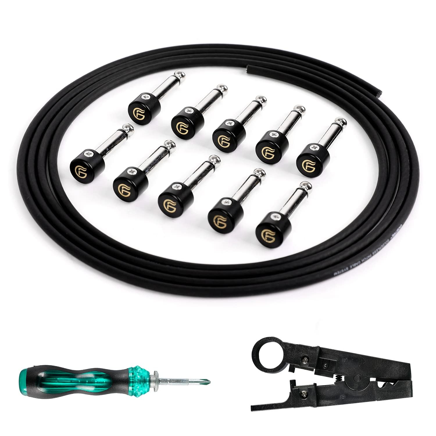 GHOSTFIRE Solderless Pedalboard Cable Kit, 6.5ft Cable & 10 Nickel Plated Copper Tip Connectors for Guitar Effects & Pedal Board, DIY Custom Patch Cables with Cutter, Bolt Driver (SP-01)
