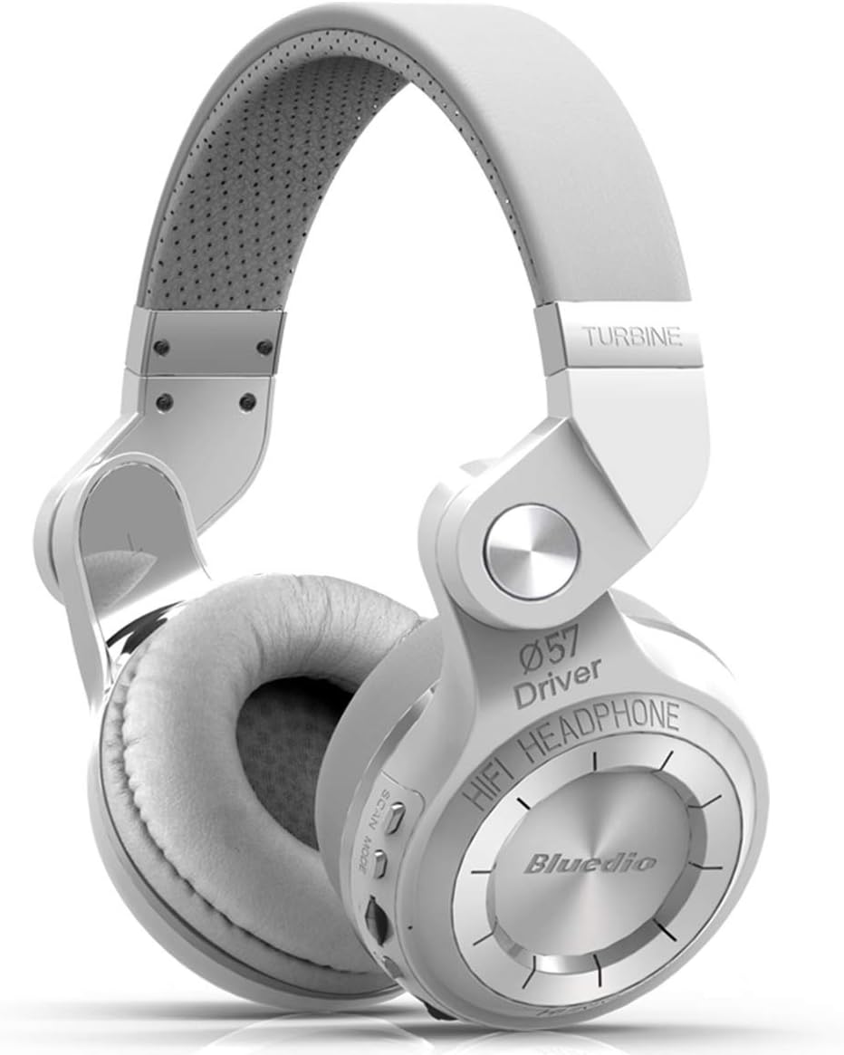 Bluedio - T2+ (Turbine 2+) - Wireless Bluetooth 4.1 Stereo Headphones with Microphone Headset for Hurricane Around-Ear Headphones - Micro-SD/FM Radio - White