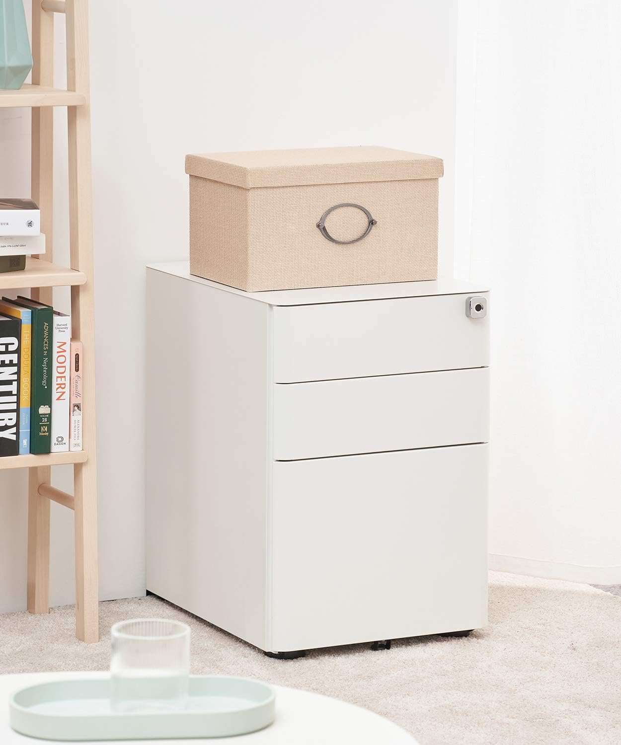 EKSTERE 3 Drawers Mobile File Cabinet Filing Pedestal with Fingerprint Lock System Under Desk White : Office Products