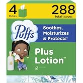 Puffs Facial Tissues Plus Lotion, 4 Mega Cube Boxes, 72 Facial Tissues per Box, Allergies and Colds (Packaging May Vary)