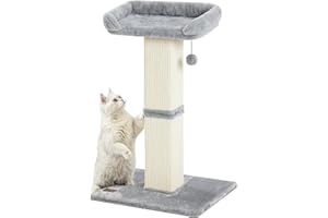 Karolpar 32" Cat Scratching Post for Indoor Cats, Sisal Cat Scratcher with Plush Perch, Large Scratch Post with Bed, Removable Cover, Sisal Fabric,Light Grey