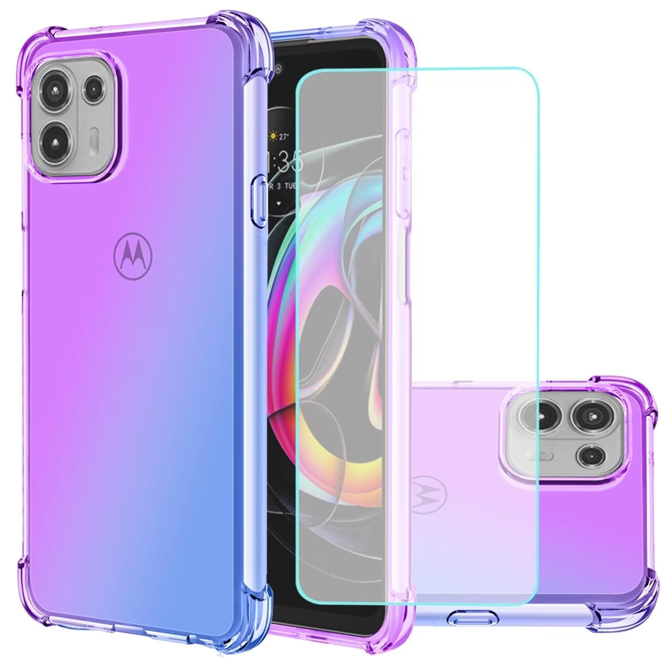 Jhxtech for Moto Edge 20 Lite Case/Motorola Edge 20 Lite Case with Tempered Glass Screen Protector, Clear Gradient Case TPU Cover Protective Case for Motorola Moto Edge 20 Lite (Purple/Blue)