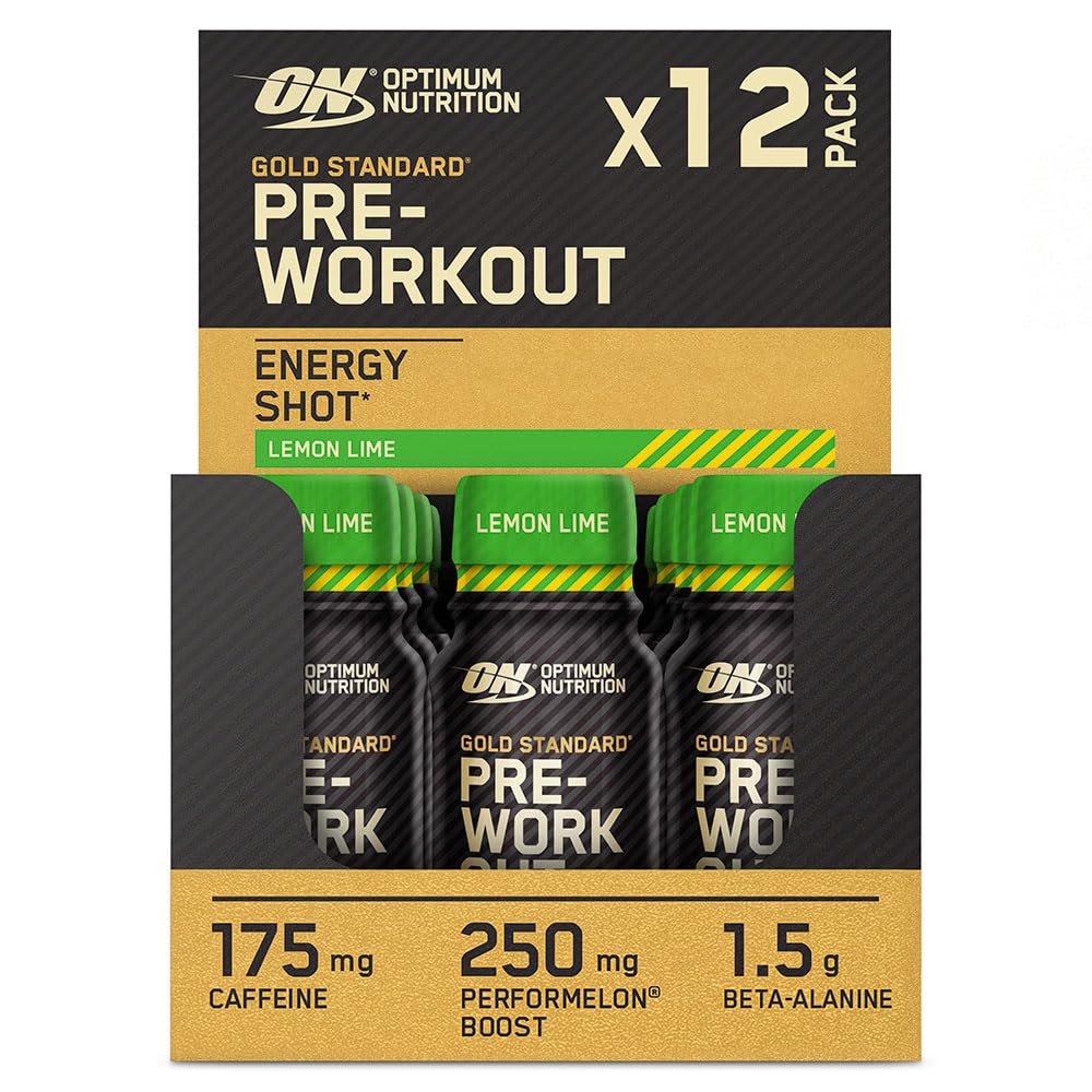 Optimum Nutrition Gold Standard Pre-Workout Energy Shot, Ready to Drink Food Supplement with Beta Alanine, Caffeine, PerforMelon Boost and Vitamin B6 and B12, Lemon Lime Flavour, 12-Pack, 12 x 60 ml