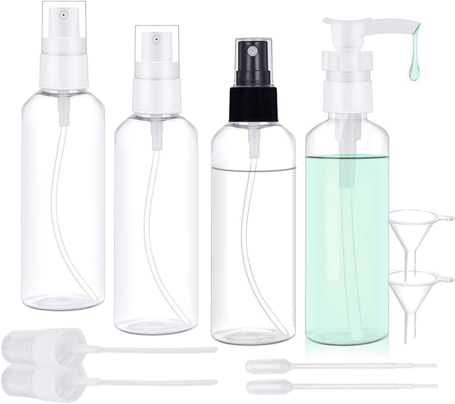 Jetika Spray Bottles with Pump Bottle, 3.4oz/100ml Portable Empty Small Clear Plastic PET Travel Bottle Set, Fine Mist Refillable Containers with Replacement Spray Tops/Funnels/Labels/Pipettes, 4 Pack