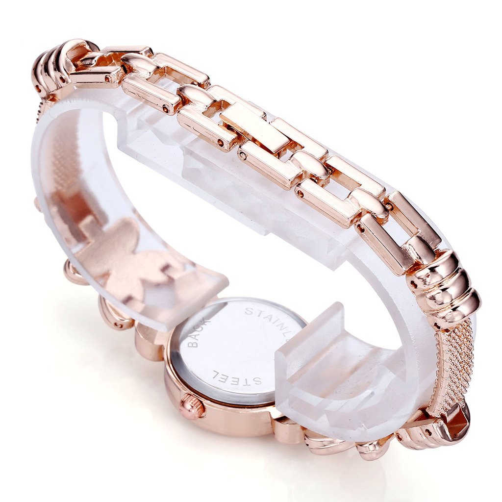 Top Plaza Fashion Womens Girls Crystal Accented Flower Design Rose Gold Metal Luxury Bracelet Watch