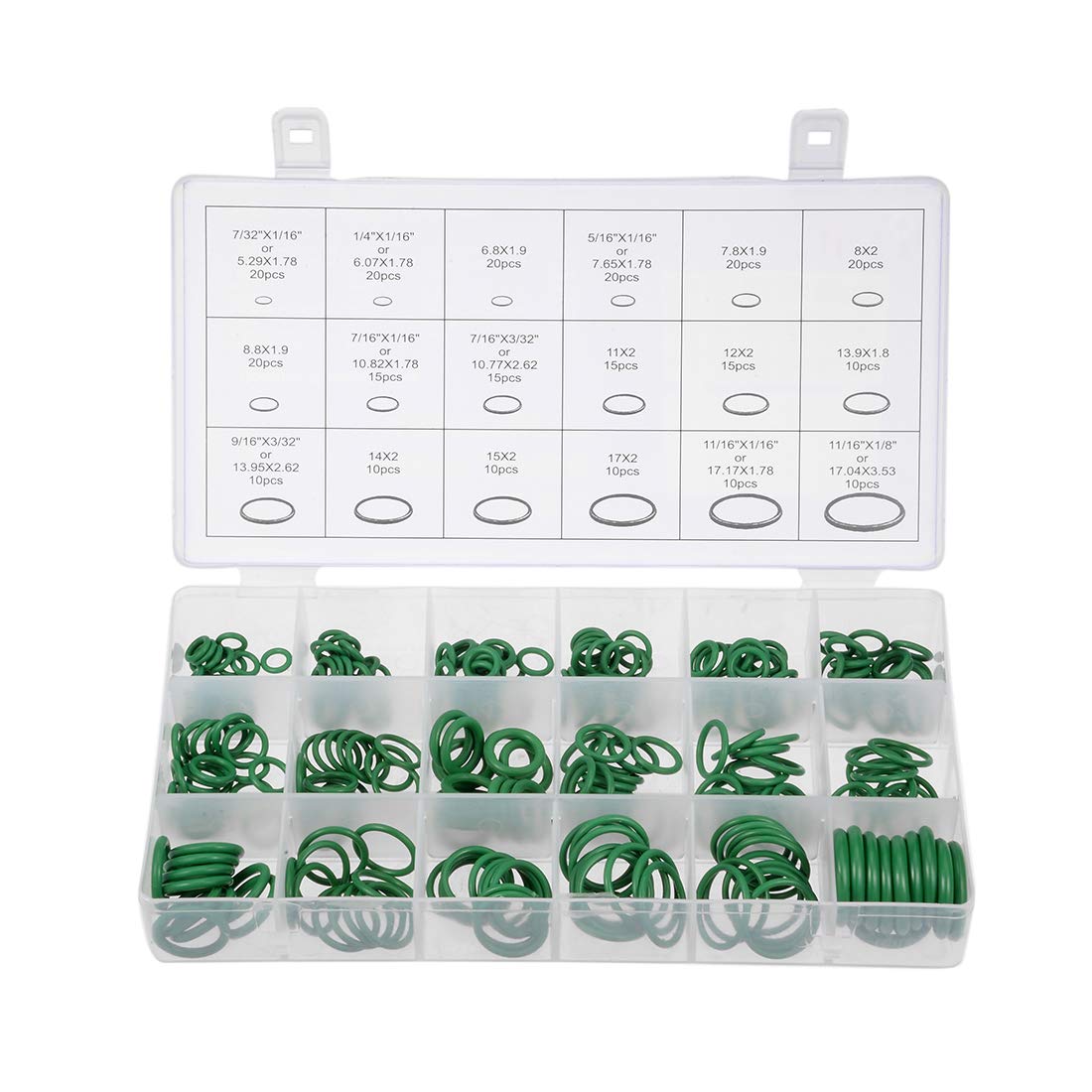 sourcing map Fluorine Rubber O-Ring Assortment Kit 270 Pieces 18 Sizes FKM Sealing Gasket Set, Green