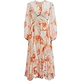 CHICWISH Women Floral Print Chiffon Midi Dress Ruffle Hem Casual V Neck Long Sleeve A-Line Flowy 2024 Summer Dresses