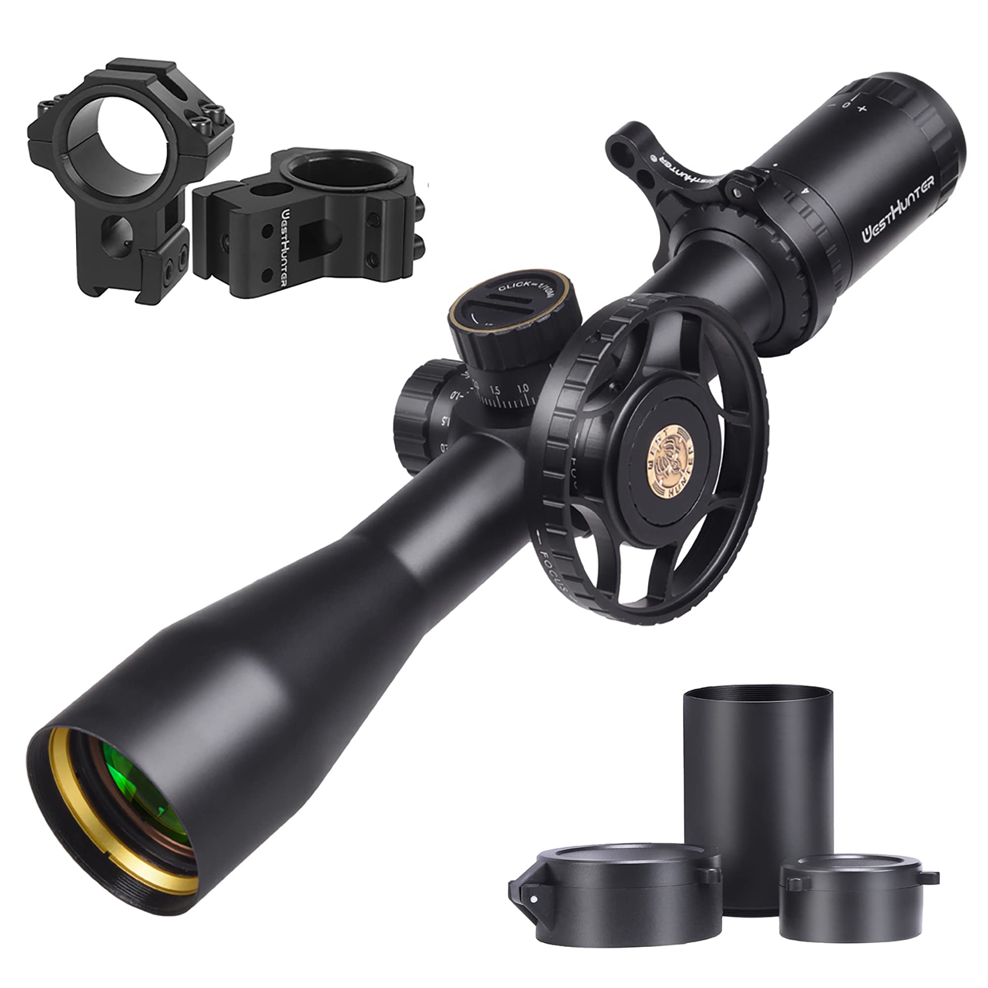 WestHunter Optics HD 4-16x44 FFP Scope, 30mm Tube First Focal Plane Tactical Wide Field of View Precision 1/10 MIL Riflescope | Black, Dovetail Shooting Kit B