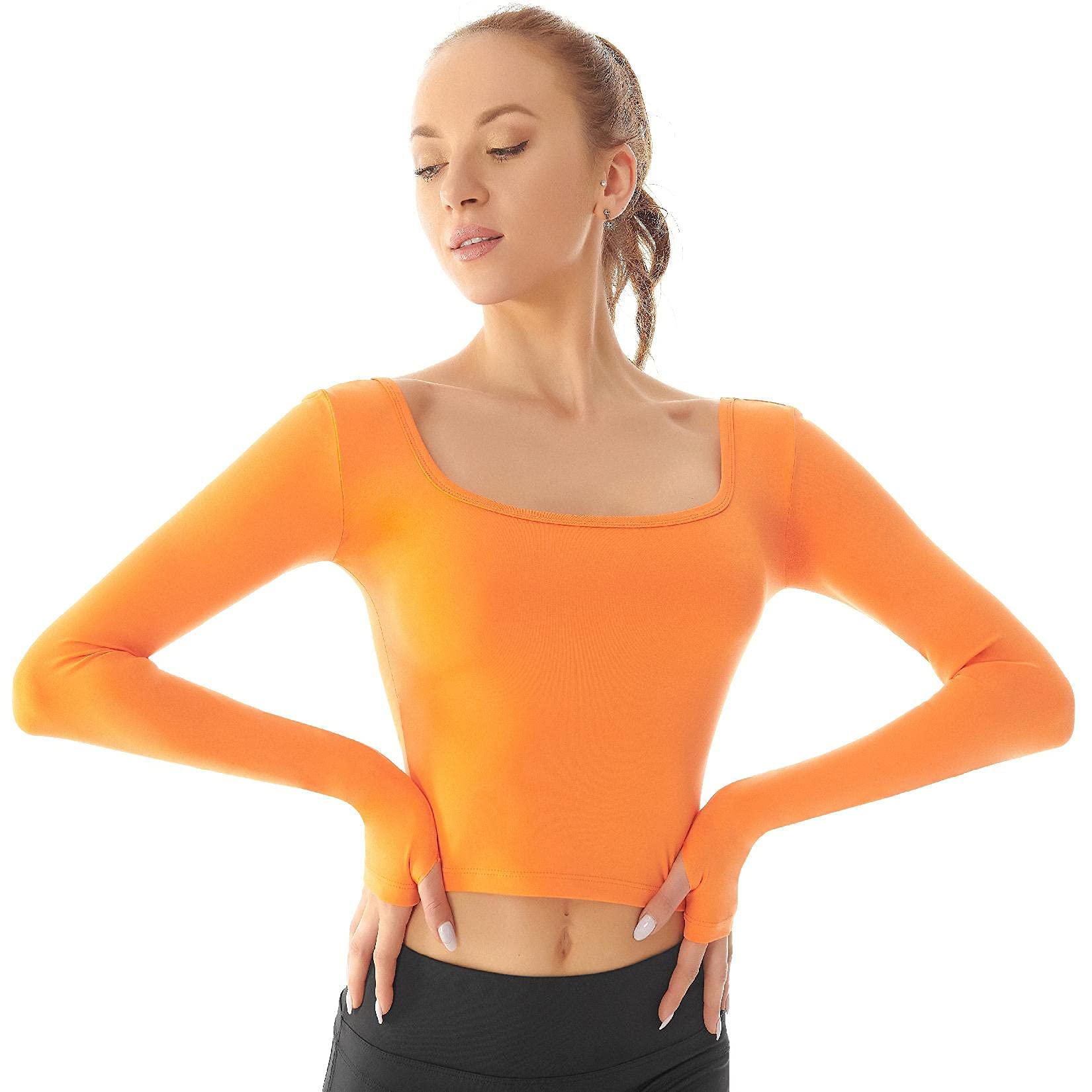 FASHION BOUTIQUE Beelu Womens Crop Long Sleeve Tops,T Shirt Ladies Short Plain U Neck OG XL