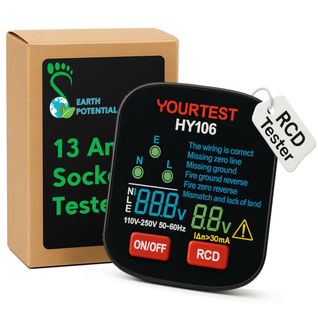 Digital Full Screen Socket Tester, Mains Outlet Tester with LCD Voltage Meters and Connectivity Display, RCD Tester, Measures Live-Neutral and Neutral-Earth, Fault Indication for Missing Connection